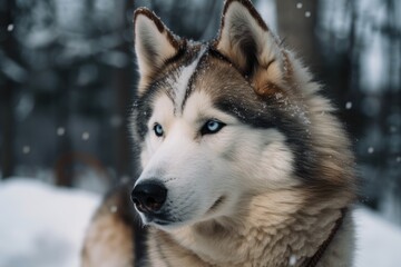 Naklejka premium Snowy winter portrait of a wolf husky. Generative AI