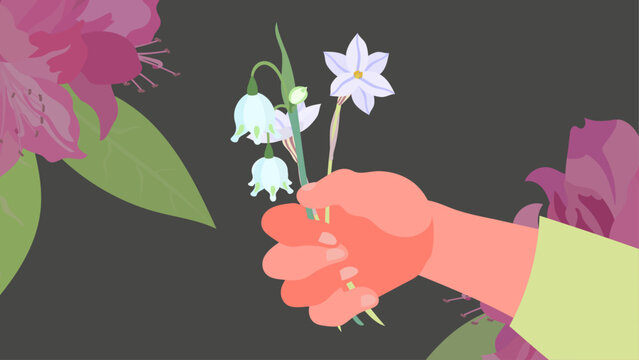 花を持つ手。フラットなベクター背景イラスト。
A hand holding flowers. Flat designed vector background illustration.