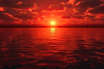serene sunset over a calm body of water with clouds in the sky. Generative AI