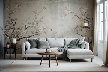 Elegant living room with wallpaper, carpet, and fabric couch. Classic Japanese interiors. Generative AI