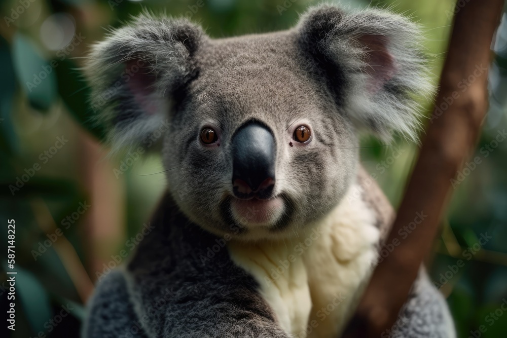 Poster curious koala sitting in a tree and making eye contact with the viewer. generative ai