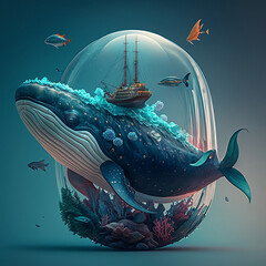 Whale Under A Ship, digital painting made with Generative AI	
