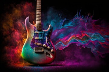 Electric guitar art background with vivid colorful explosive smoke - obrazy, fototapety, plakaty