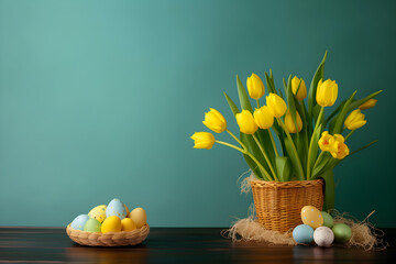 a vase filled with yellow tulips next to a basket of eggs 