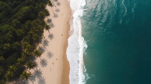 Aerial view of a beach with palm trees. Generative AI