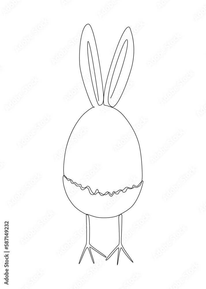 Poster one continuous line of easter egg with rabbit ears and chicken legs. thin line illustration vector c