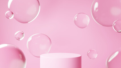 ピンクの背景に浮かぶたくさんの水滴。台座の背景素材。（横長）