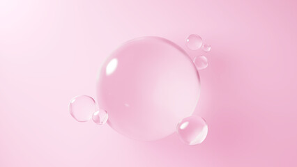 ピンクの背景に浮かぶ複数の水の球体。球体のガラス。（横長） - obrazy, fototapety, plakaty