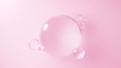Fotobehang ピンクの背景に浮かぶ複数の水の球体。球体のガラス。（横長） © nanako