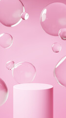 ピンクの背景に浮かぶたくさんの水滴。台座の背景素材。（縦長）