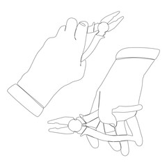 One continuous line of hand holding pliers. Thin Line Illustration vector concept. Contour Drawing Creative ideas.