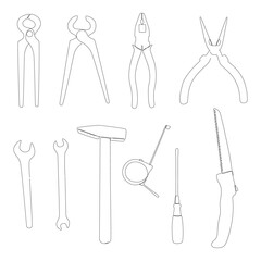 One continuous line set of Work Tools. Wrench, Pliers, Tongs, Ruler tape, Hammer. Thin Line Illustration vector concept. Contour Drawing Creative ideas.
