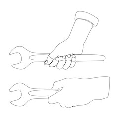 One continuous line of hand holding Wrench. Thin Line Illustration vector concept. Contour Drawing Creative ideas.