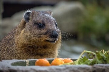Naklejka premium Hyrax at the carrot trough in the Cottbus Animal Park. Generative AI