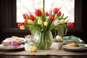 a table with a vase filled with colorful tulips 