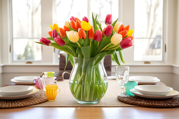 a table with a vase filled with colorful tulips 