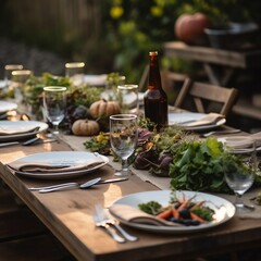 banquet table made in a spring field with beautifully displayed settings, ai generated