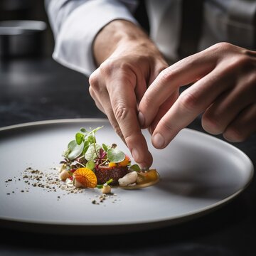 Spring Time Culinary Masterpiece, Using Spring Vegetables With The Hands Of A Chef Preparing, Ai Generated