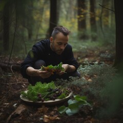 a chef looking for fresh ingredients in nature, fungus and other seasonings, ai generated