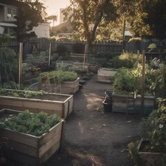 Obraz premium smamazing garden in backyard of a house in a neighborhood, local garden, local sourced vegetables, ai generated