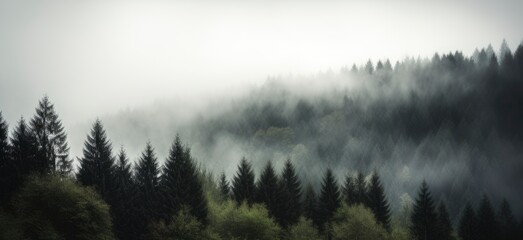 A foggy forest with a mountain in the background. Generative AI