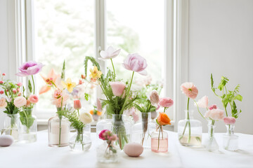 a table topped with lots of vases filled with flowers 
