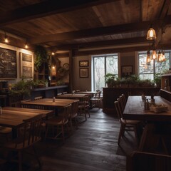 Fototapeta na wymiar beautiful restaurant in the forest. wooden interior with plants and windows, old time feeling, ai generated