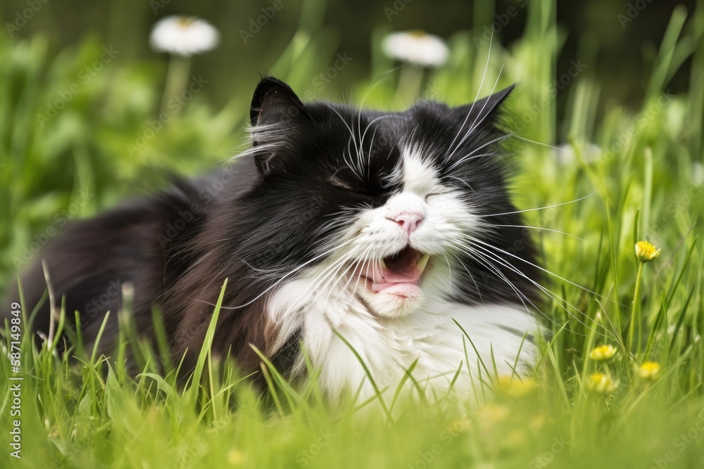 Wall mural Black and white cat with closed eyes, furious. Generative AI