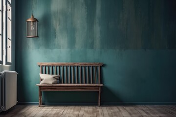 On a background of a blue green plaster wall with vertical text space is a tall white wooden bench. Stucco wall in the background with a bar chair. Interior of a room with a bench on a wooden floor. M