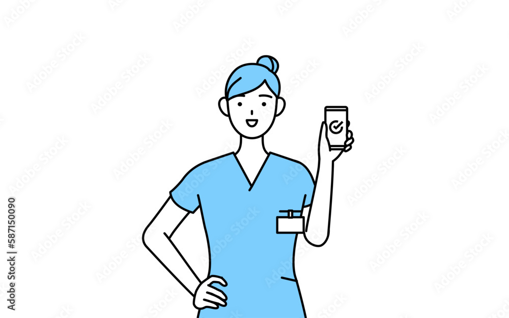 Fototapete 仕事でスマホを使う女性看護師、理学療法士、作業療法士、言語聴覚士、看護助手