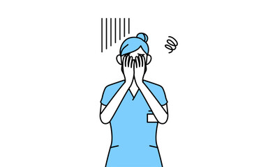 落ち込んで顔を覆う女性看護師、理学療法士、作業療法士、言語聴覚士、看護助手