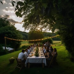people at long table enjoying a spring banquet and food, friends and family, ai generated