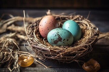three eggs in a nest on a rustic wooden table. Generative AI