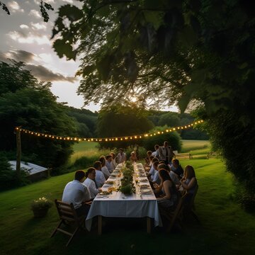people at long table enjoying a spring banquet and food, friends and family, ai generated