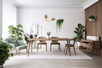 modern dining area with hardwood furnishings and a white living room. Generative AI