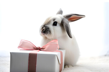 a rabbit sitting next to a white present box 