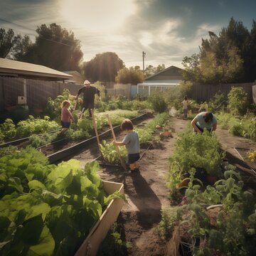 local community farms growing in the spring with people enjoying and working, ai generated