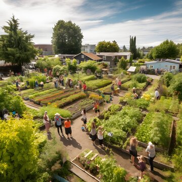 local community farms growing in the spring with people enjoying and working, ai generated