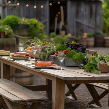 table filled with locally grrown seasonal vegetables, prepared table outside in spring, ai generated