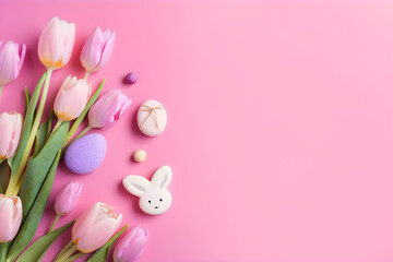 a pink background with easter decorations and tulips 