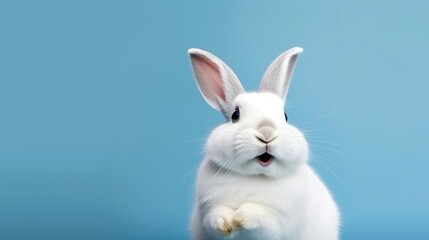 Fototapeta premium A white rabbit sits on a blue background. Generative AI