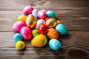 Fototapeta na wymiar a pile of colorful easter eggs on a wooden table 
