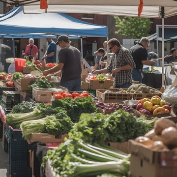 people at a farmers market outside enjoying locally grown and eco friendly vegetables, ai generated