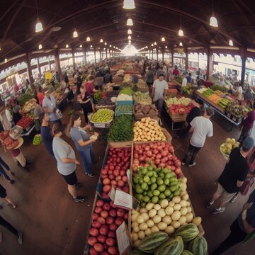 people at a farmers market outside enjoying locally grown and eco friendly vegetables, ai generated