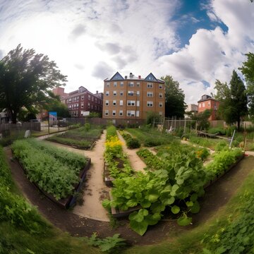 local community farms growing in the spring with people enjoying and working, ai generated