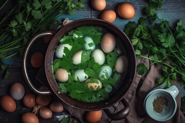 Obraz na płótnie Canvas pot filled with boiled eggs and surrounded by fresh greens. Generative AI