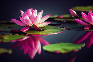 Ravishing pink lotus in ponds with beautiful realistic detail blossom waterlily floating on the water as floral lily plant illustration background by Generative AI.