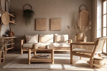 Basic living room design, farmhouse wooden furniture, light beige interior backdrop,. Generative AI