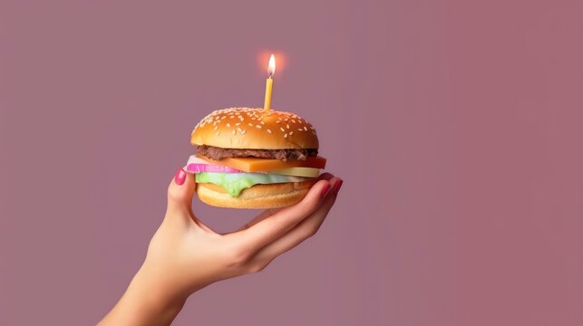 A hand holding a hamburger with a lit candle on it. Birthday Concept Generative AI