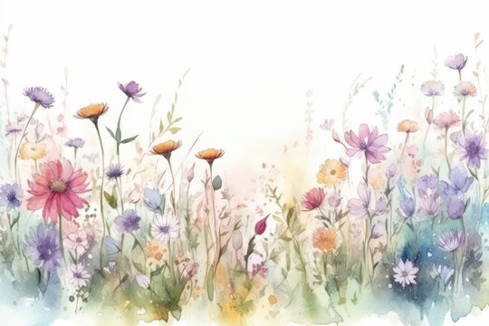 Meadow in summer. Horizontal border of adorable watercolor flowers on a white background. Drawing for a card, border, banner, or other design of yours, generative AI